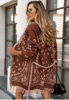 Dlouhý kardigan oversize z frędzlami vzorované Autumn Goddess čokoládový