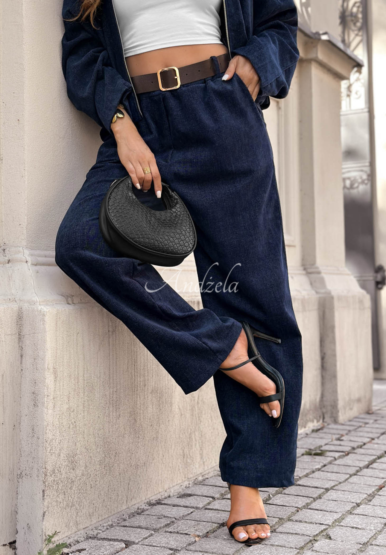 Kalhoty wide leg s páskem Grey Skies granátové