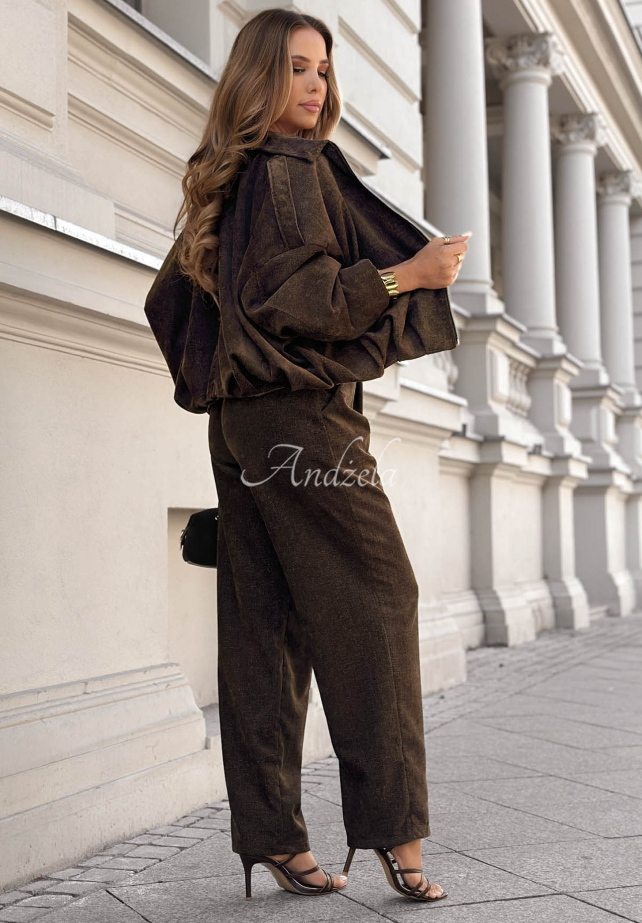 Kalhoty wide leg s páskem Grey Skies čokoládové