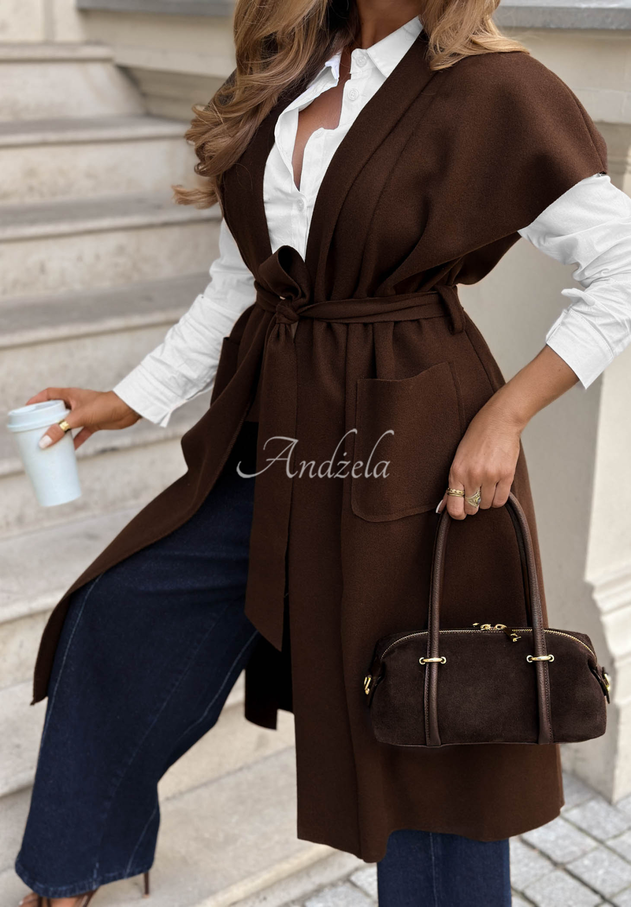 Dlouhý elegantní přehoz s páskem Espresso Date čokoládová
