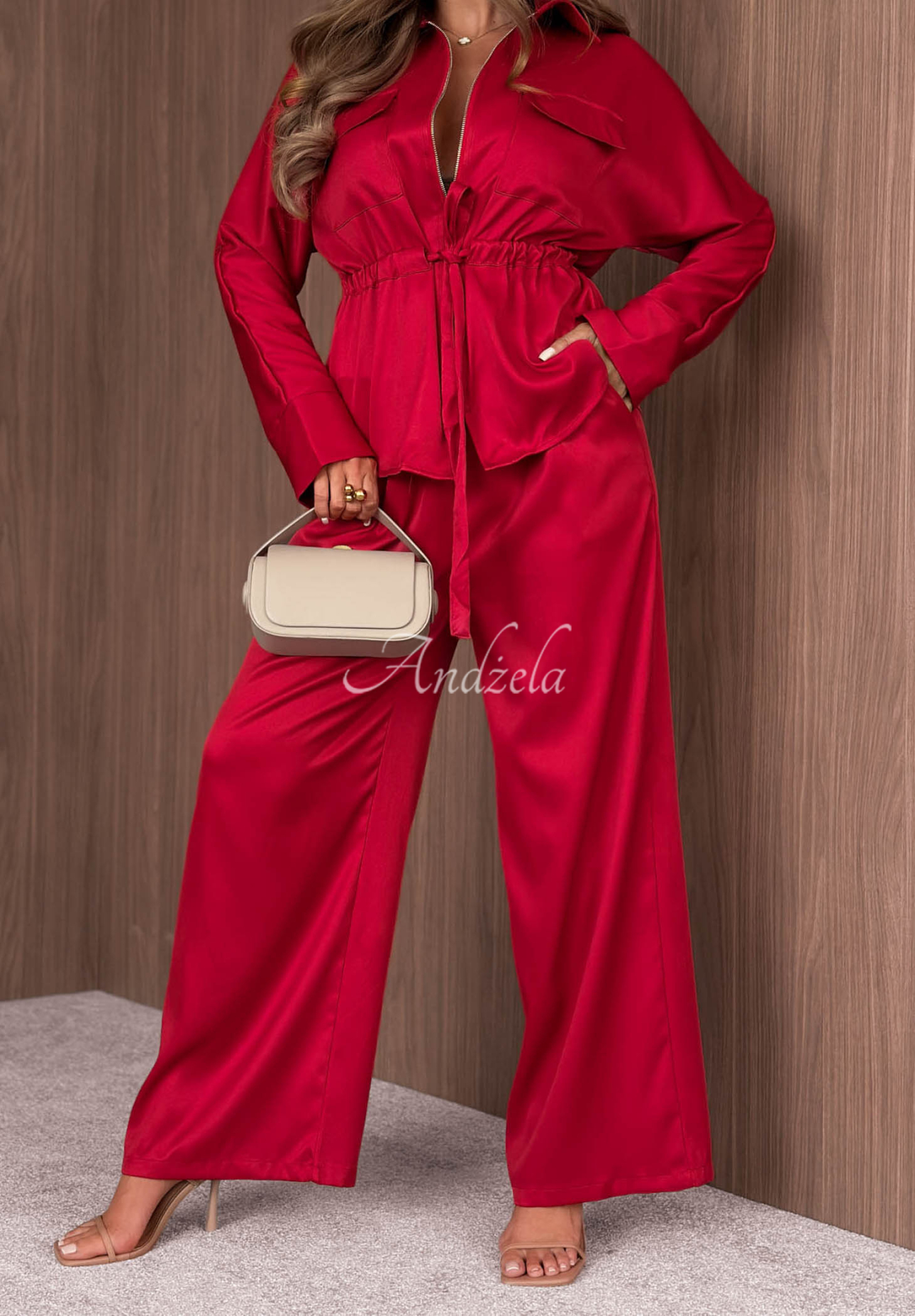 Souprava lehké bundy se zapínáním a kalhot wide leg Autumn Pearl červený