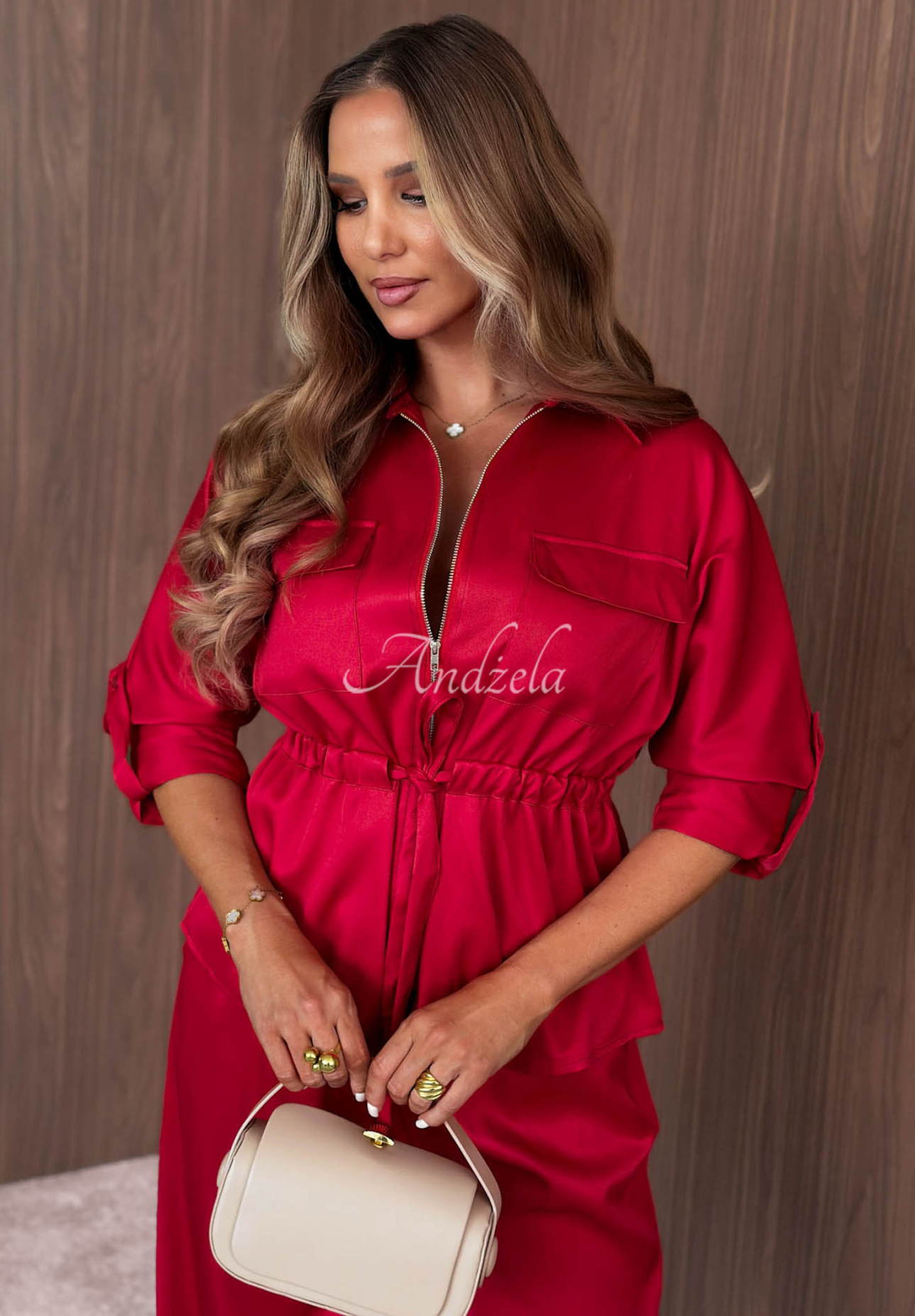 Souprava lehké bundy se zapínáním a kalhot wide leg Autumn Pearl červený