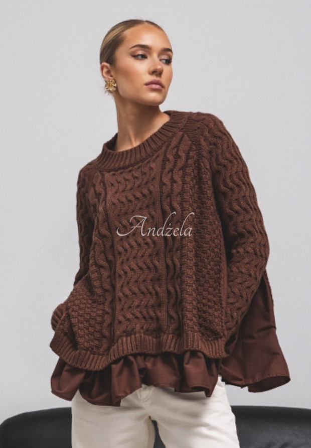 Ozdobně pleten&yacute; svetr s vol&aacute;nky Cocomore Timeless Beauty čokol&aacute;dov&yacute;