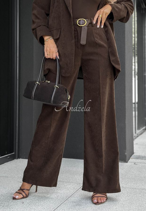 Kalhoty wide leg s p&aacute;skem Strong Presence čokol&aacute;dov&eacute;
