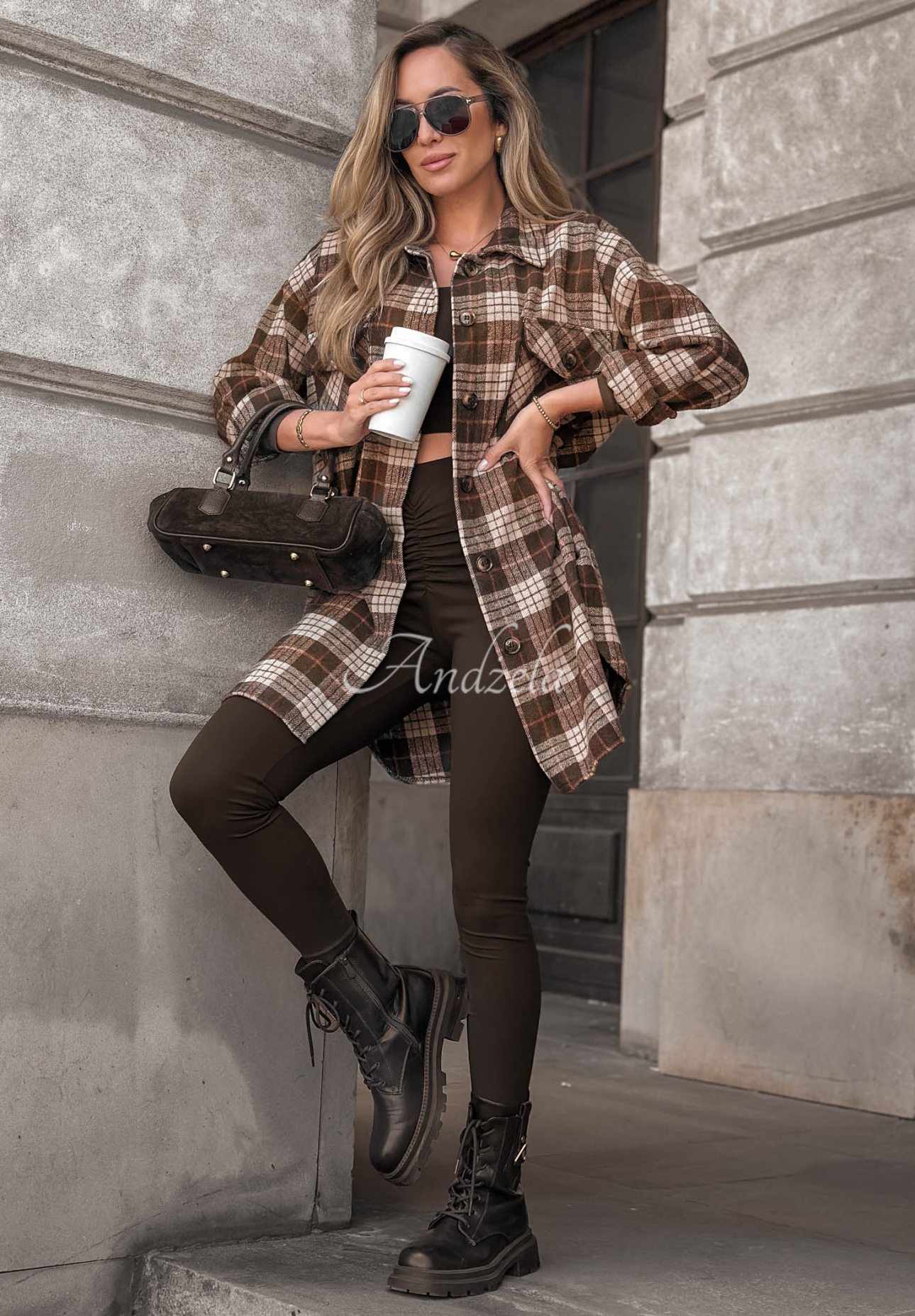 Bavlněná oversize károvaná košile September Glow čokoládová