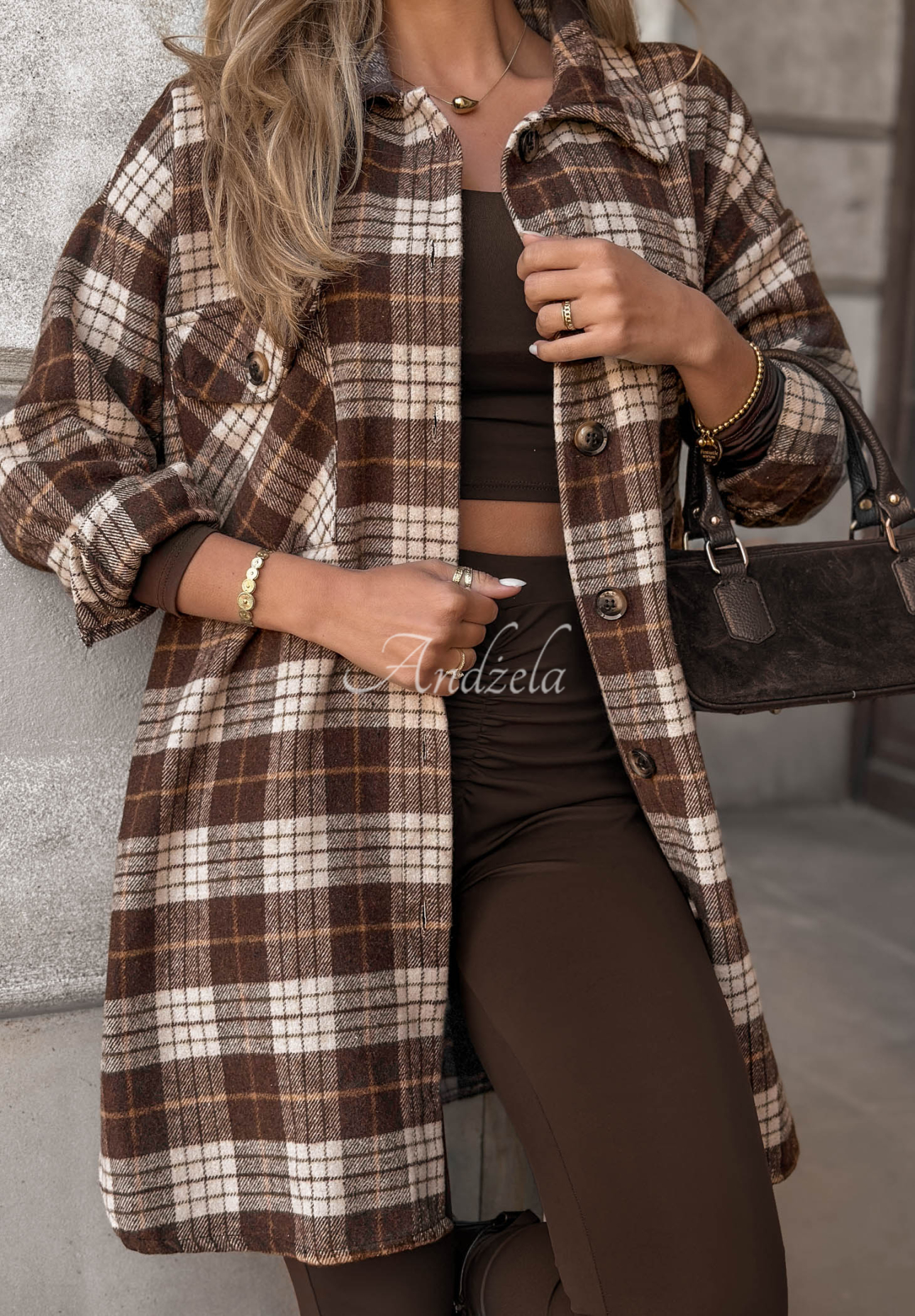 Bavlněná oversize károvaná košile September Glow čokoládová