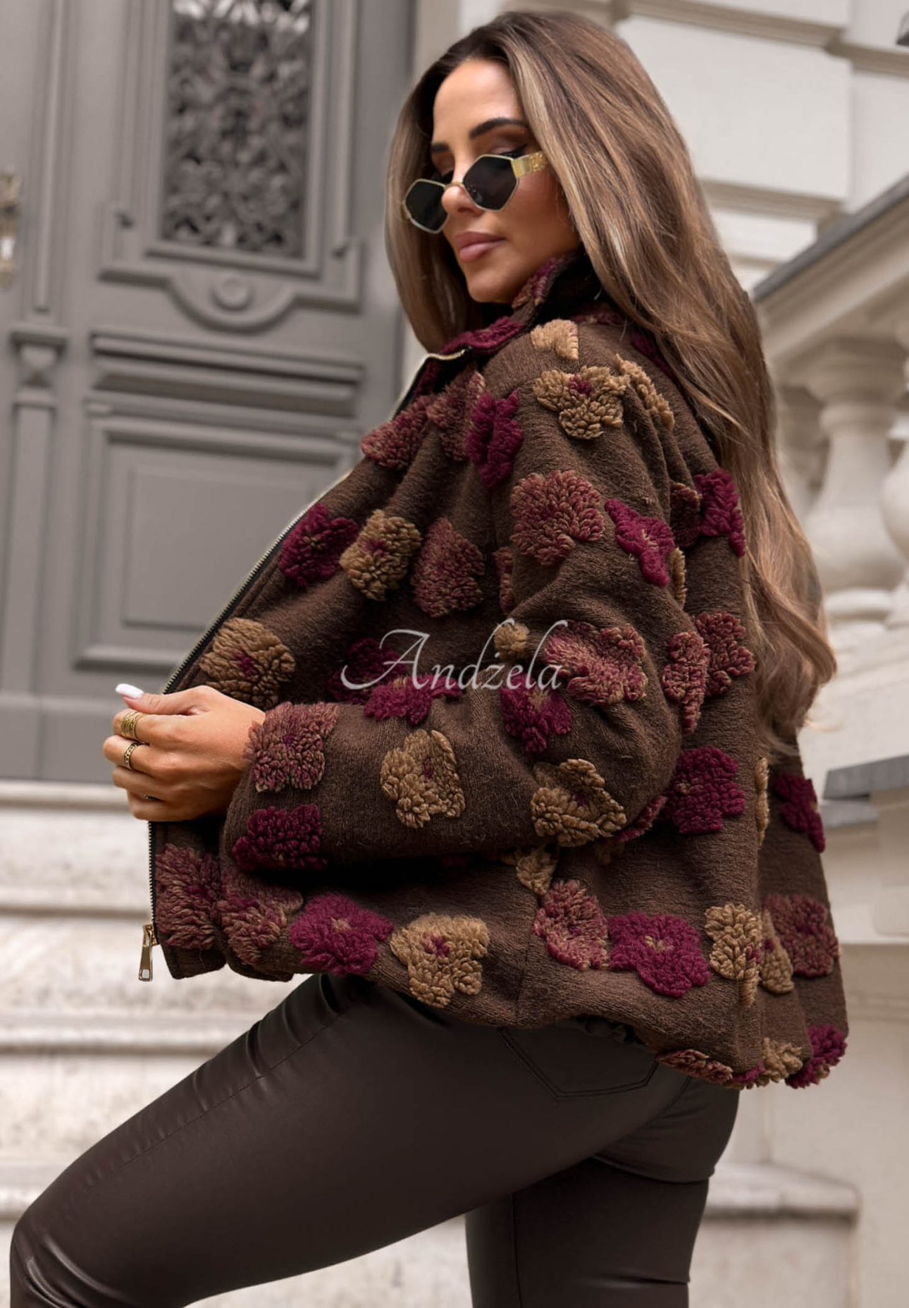 Květovaná bunda se stojáčkem Autumn Florissa čokoládová