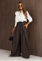 materiálové Kalhoty wide leg z zakładkami Cloudy Elegance čokoládové