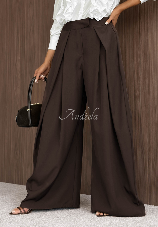 L&aacute;tkov&eacute; kalhoty wide leg se sklady Cloudy Elegance čokol&aacute;dov&eacute;