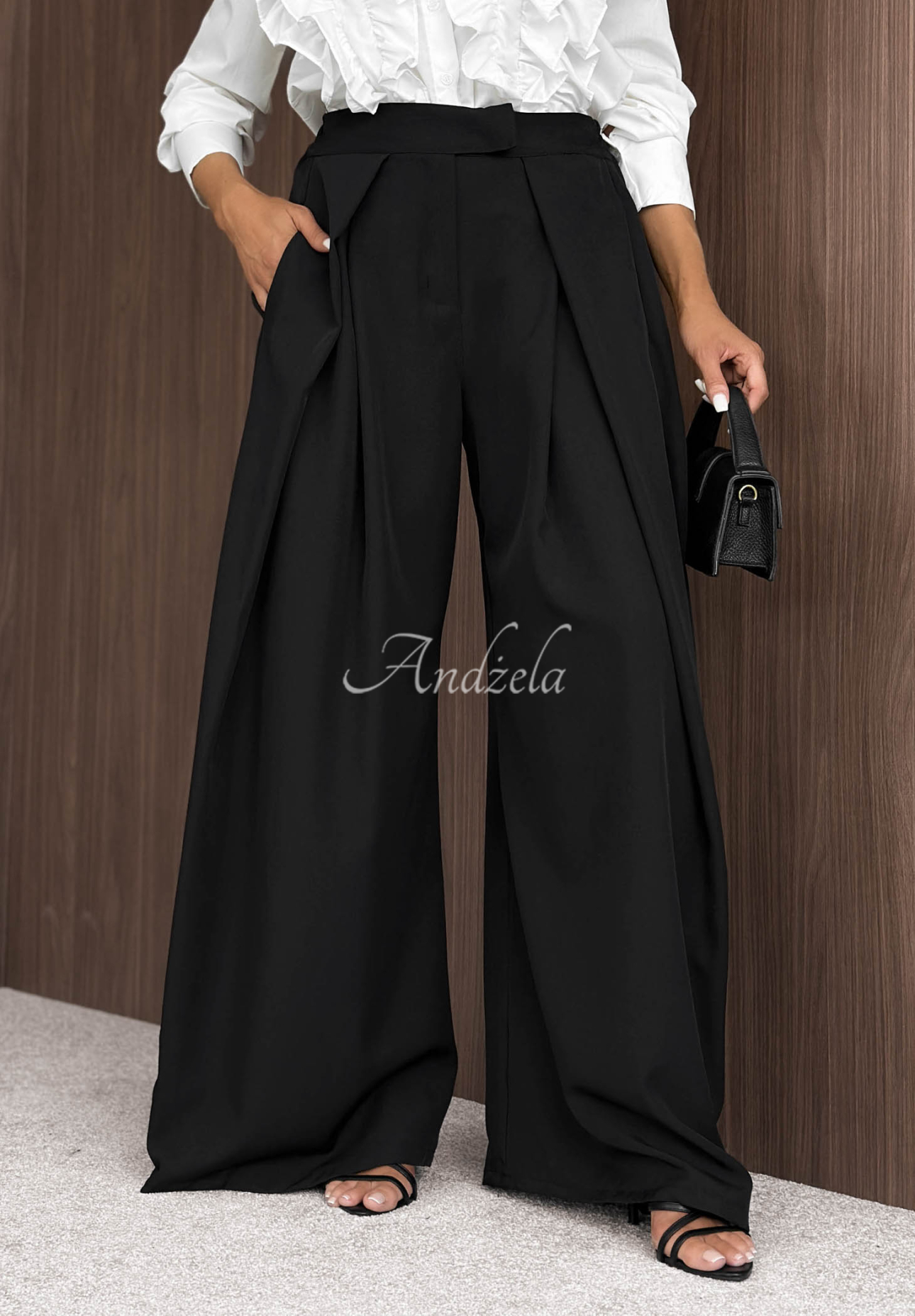 Látkové kalhoty wide leg se sklady Cloudy Elegance černé