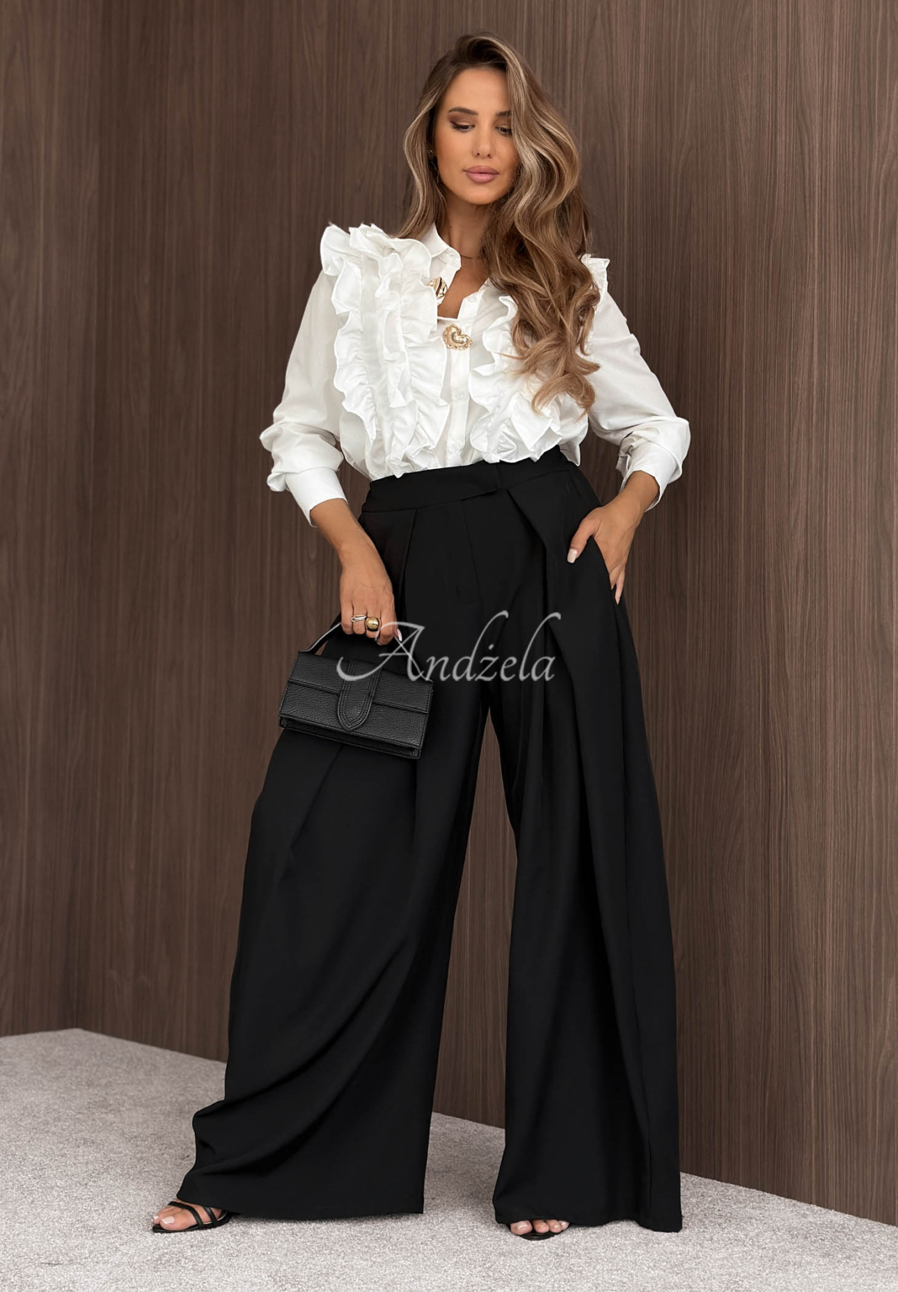 Látkové kalhoty wide leg se sklady Cloudy Elegance černé