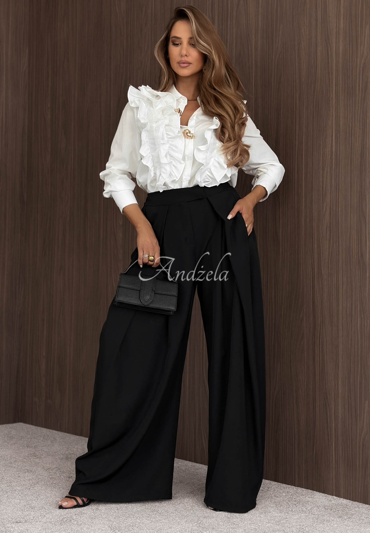 Látkové kalhoty wide leg se sklady Cloudy Elegance černé
