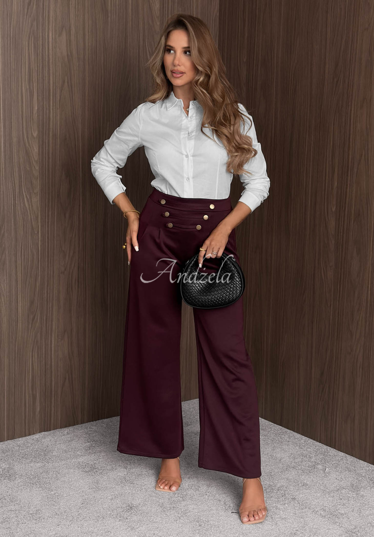 Viskózové kalhoty wide leg s knoflíky Gentle Pause vínové
