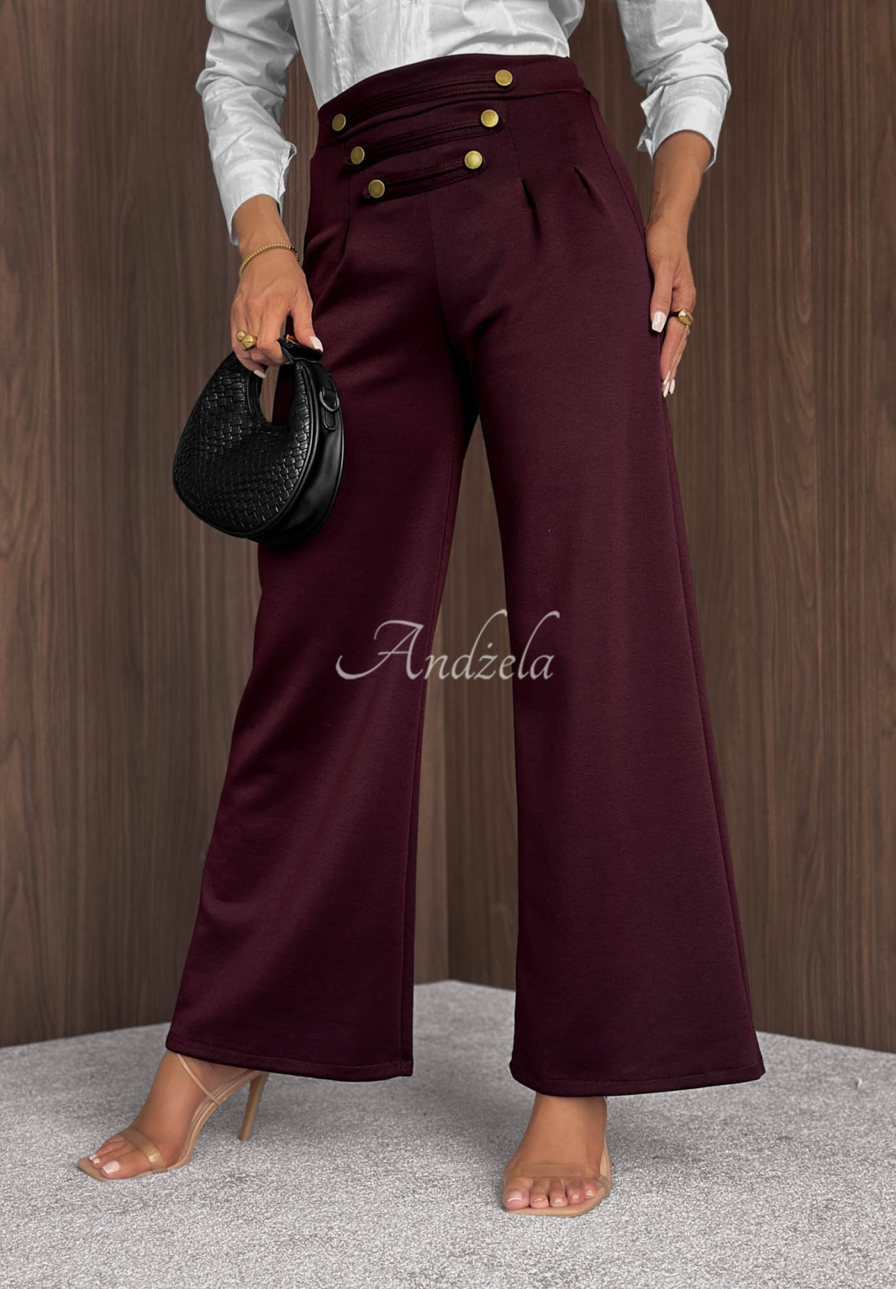 Viskózové kalhoty wide leg s knoflíky Gentle Pause vínové