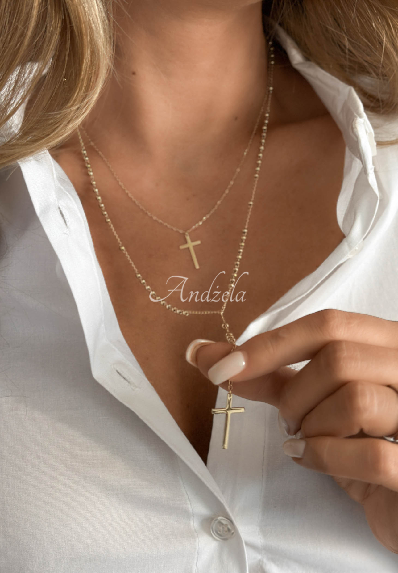 Náhrdelník s křížkem a kuličkami Golden Beads zlatý