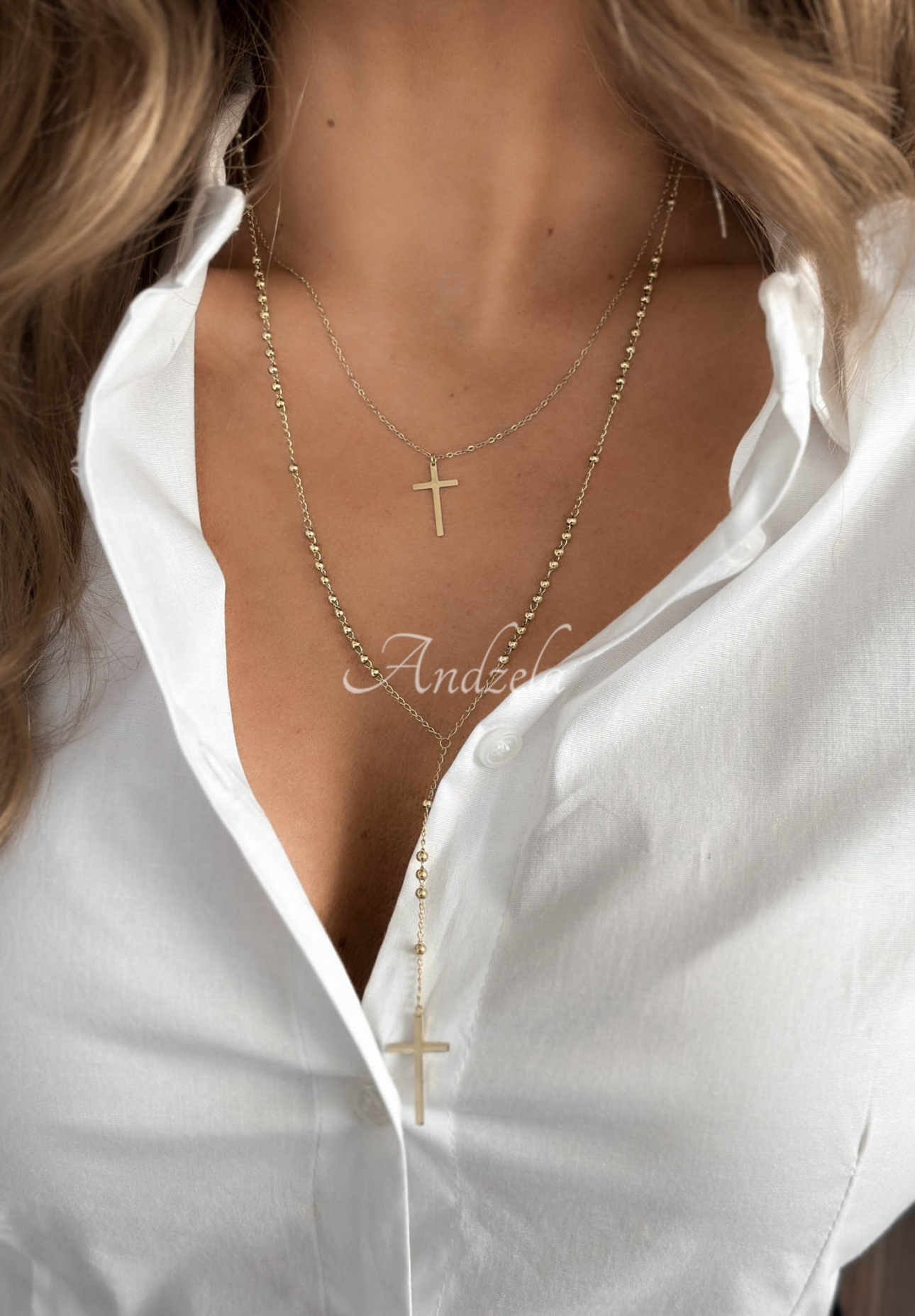 Náhrdelník s křížkem a kuličkami Golden Beads zlatý