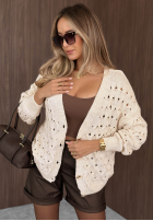 Krótki ażurowy kardigan z zapięciem Knit Haven béžový