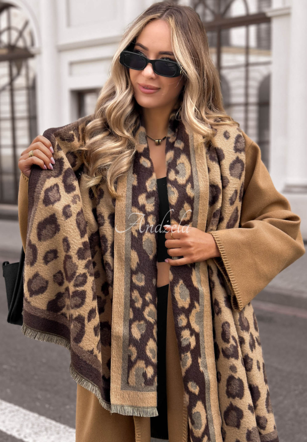 Měkk&aacute; &scaron;&aacute;la s leopard&iacute;m vzorem s bavlnou a visk&oacute;zou Snow Kiss čokol&aacute;dov&yacute;