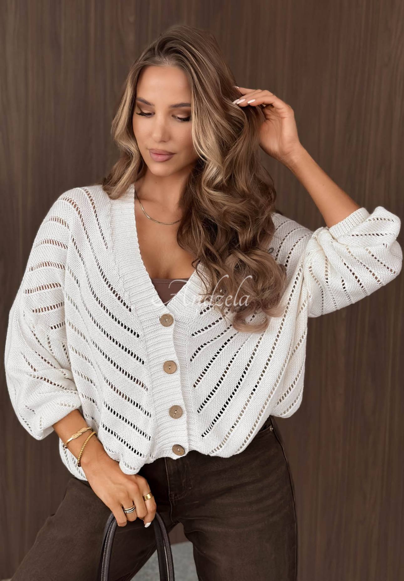 Krátký ažurový kardigan z bavlny Cozy Touch ecru