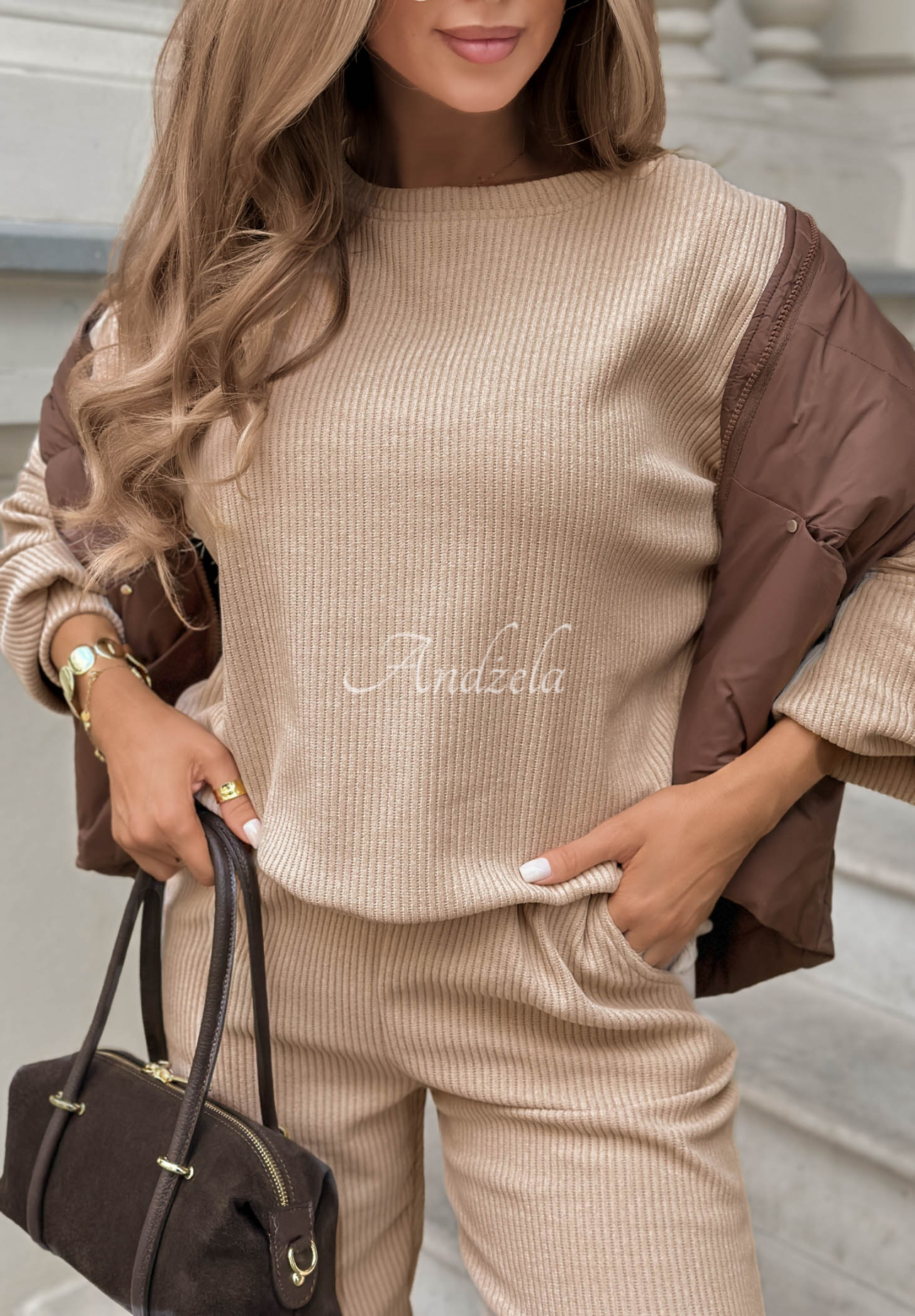 Manšestrová tepláková souprava bavlněná mikina a kalhoty Living Soft béžový