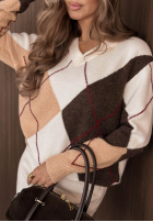 Krótki Svetr z dekoltem w romby Classy Autumn ecru