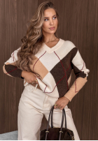 Krótki Svetr z dekoltem w romby Classy Autumn ecru