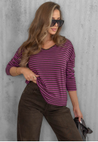 Halenka longsleeve z dekoltem w paski Lovely Autumn béžovo-čokoládová