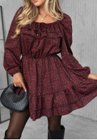 Šaty mini z falbankami w panterkę Soft Autumn vínová