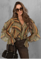 Košile z falbankami w paski Soft Allure oliwkowo-velbloudí