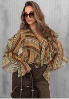 Košile z falbankami w paski Soft Allure oliwkowo-velbloudí