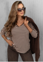 Halenka longsleeve z dekoltem w paski Lovely Autumn béžovo-čokoládová