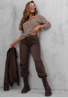 Halenka longsleeve z dekoltem w paski Lovely Autumn béžovo-čokoládová