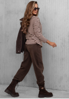Halenka longsleeve z dekoltem w paski Lovely Autumn béžovo-čokoládová