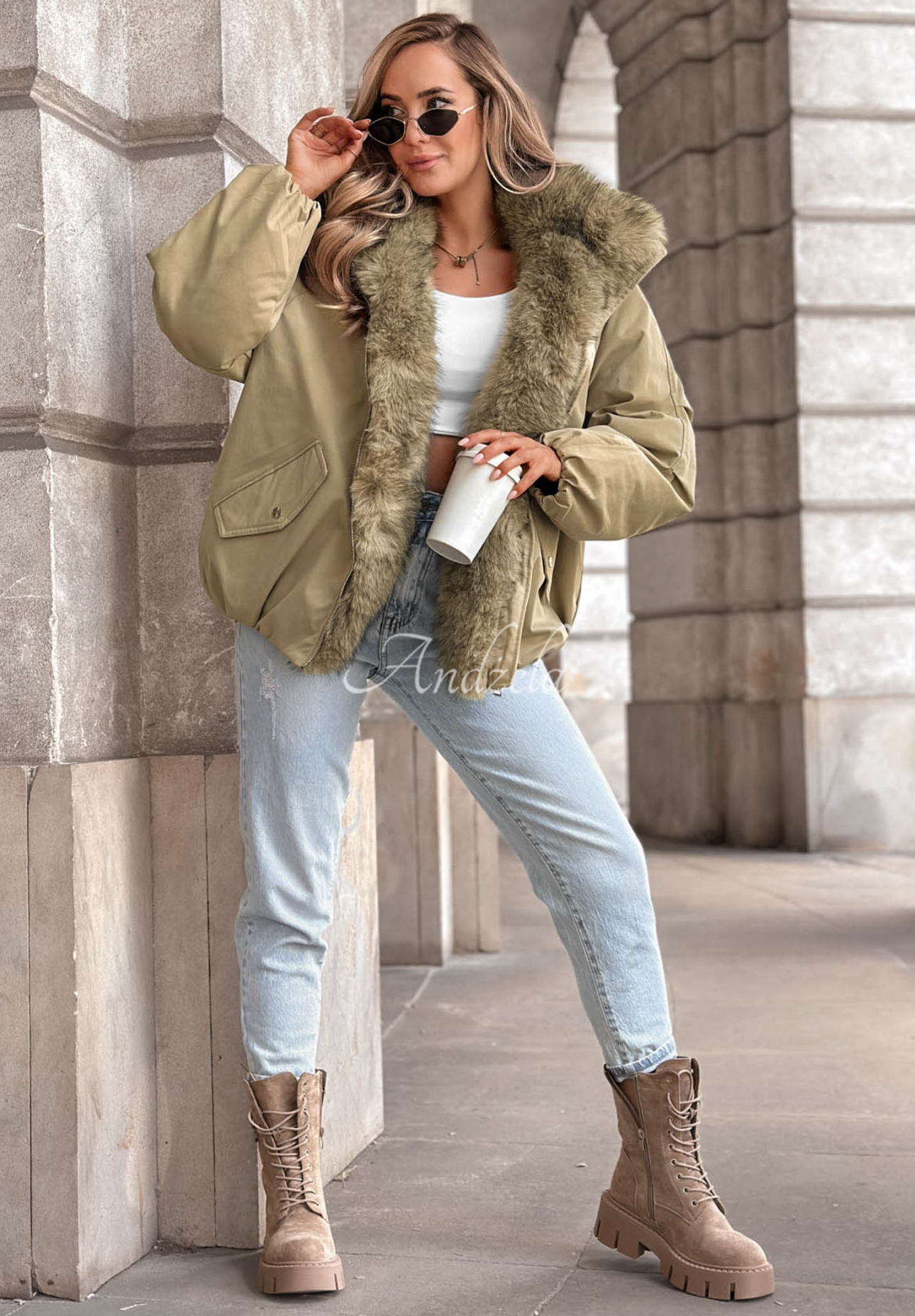 Oversize bunda s kožíškem Snow Angel khaki