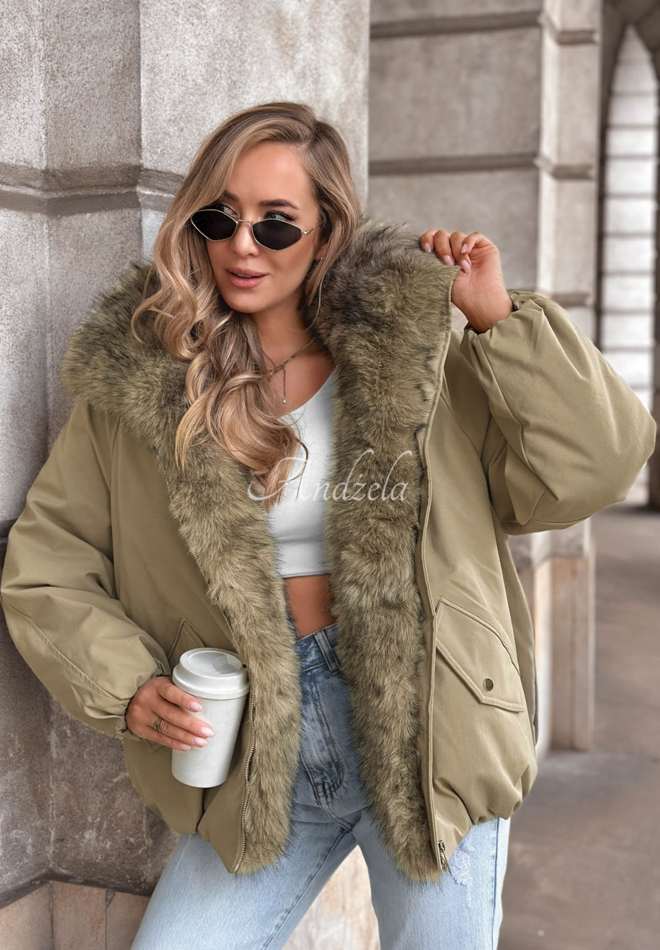Oversize bunda s kožíškem Snow Angel khaki