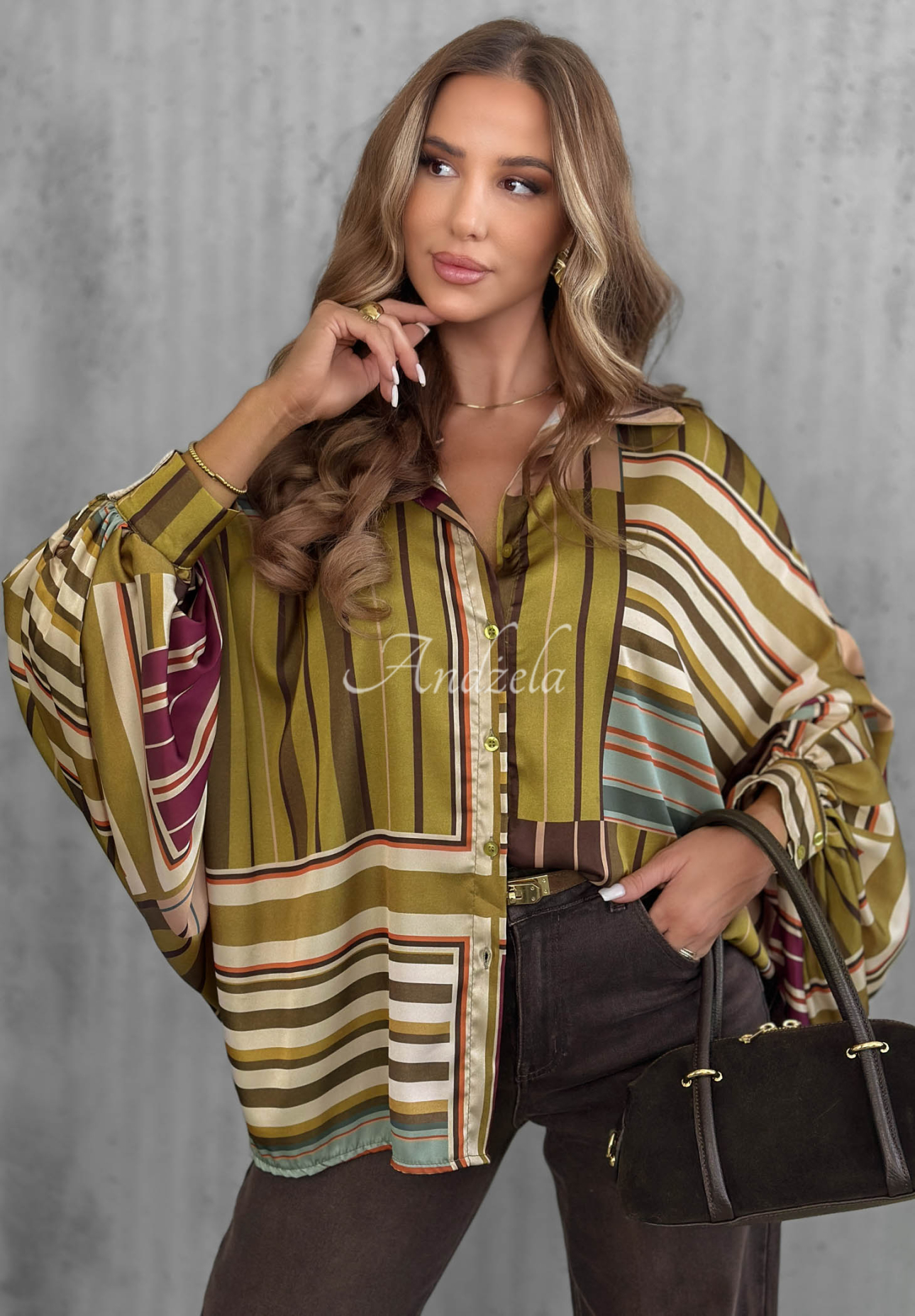 Saténová oversize pruhovaná košile Soft Luxury olivová