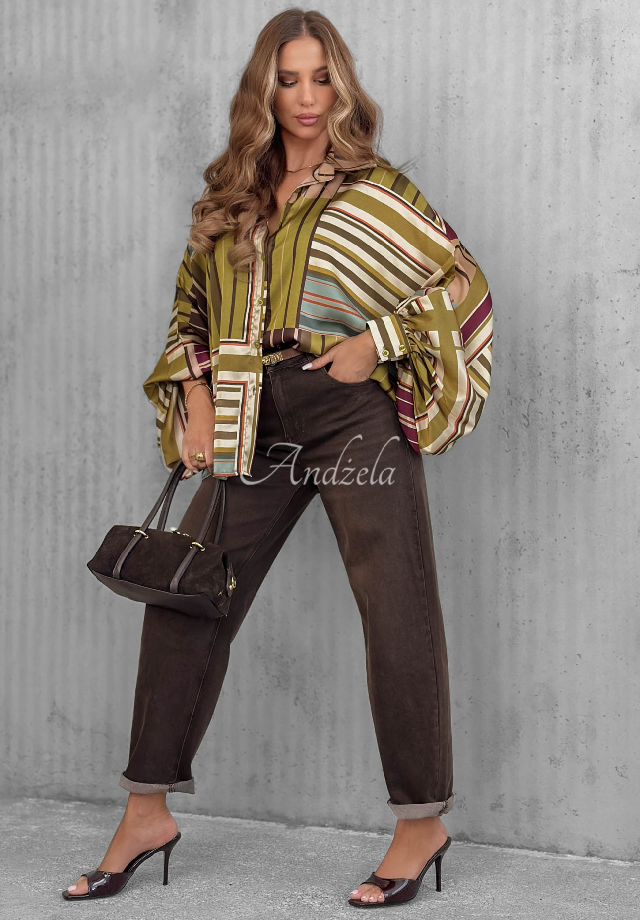 Saténová oversize pruhovaná košile Soft Luxury olivová