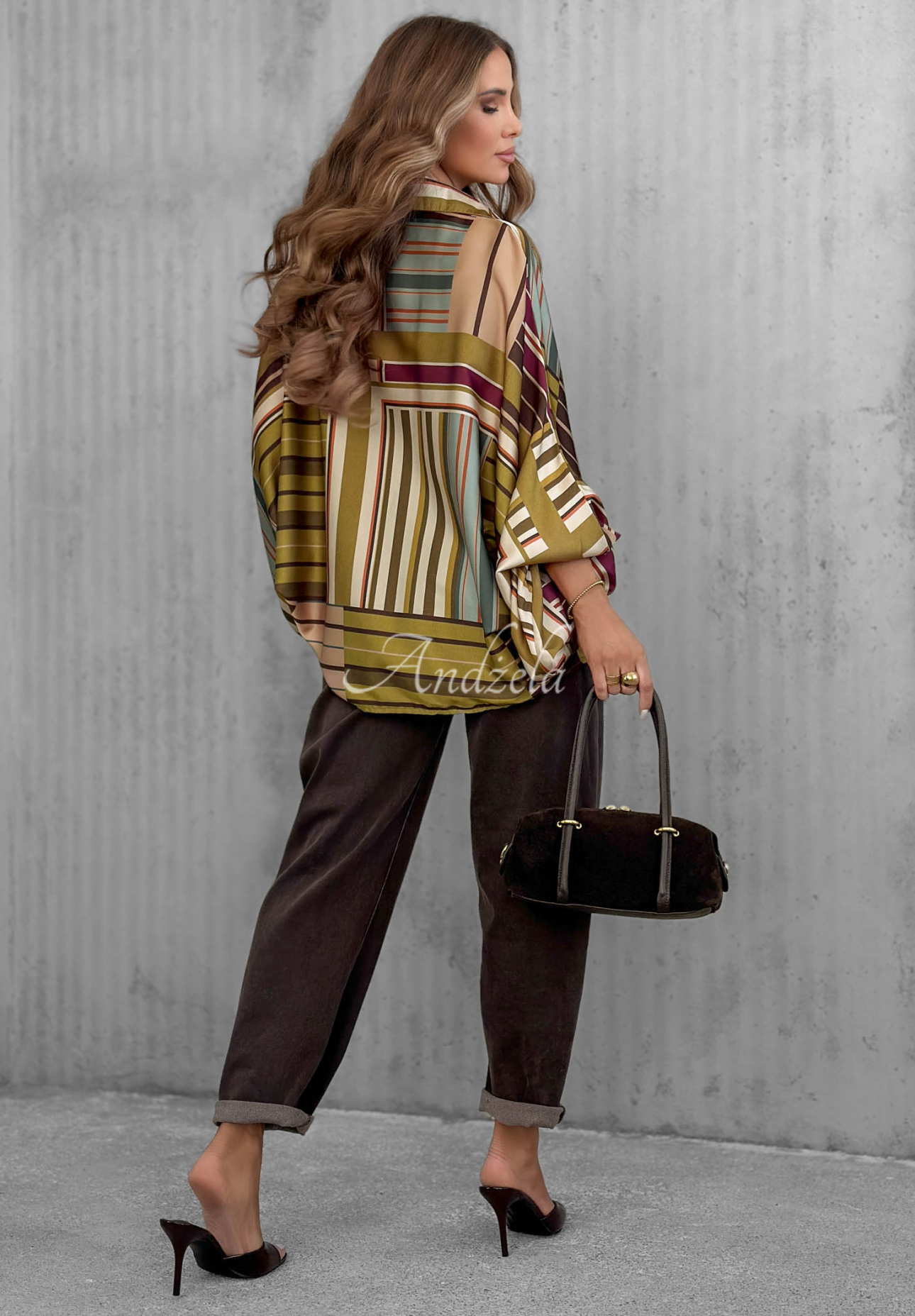 Saténová oversize pruhovaná košile Soft Luxury olivová