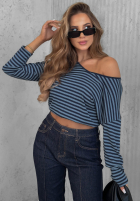 Halenka longsleeve z dekoltem w paski Lovely Autumn béžovo-čokoládová