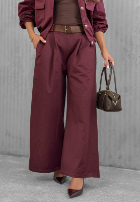 Bavlněn&eacute; kalhoty wide leg s p&aacute;skem Iconic Style borůvkov&eacute;