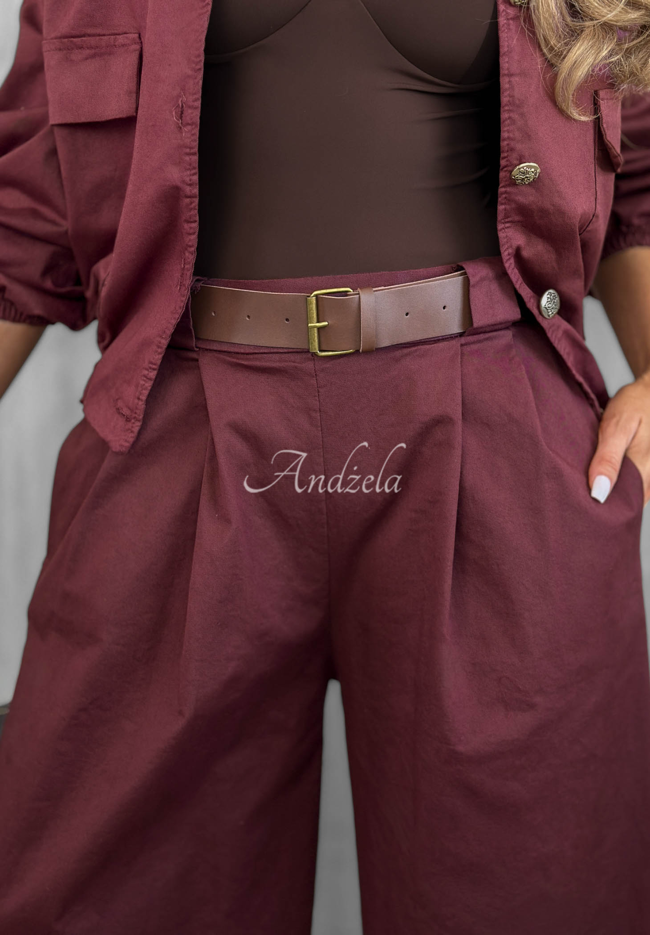 Bavlněné kalhoty wide leg s páskem Iconic Style borůvkové