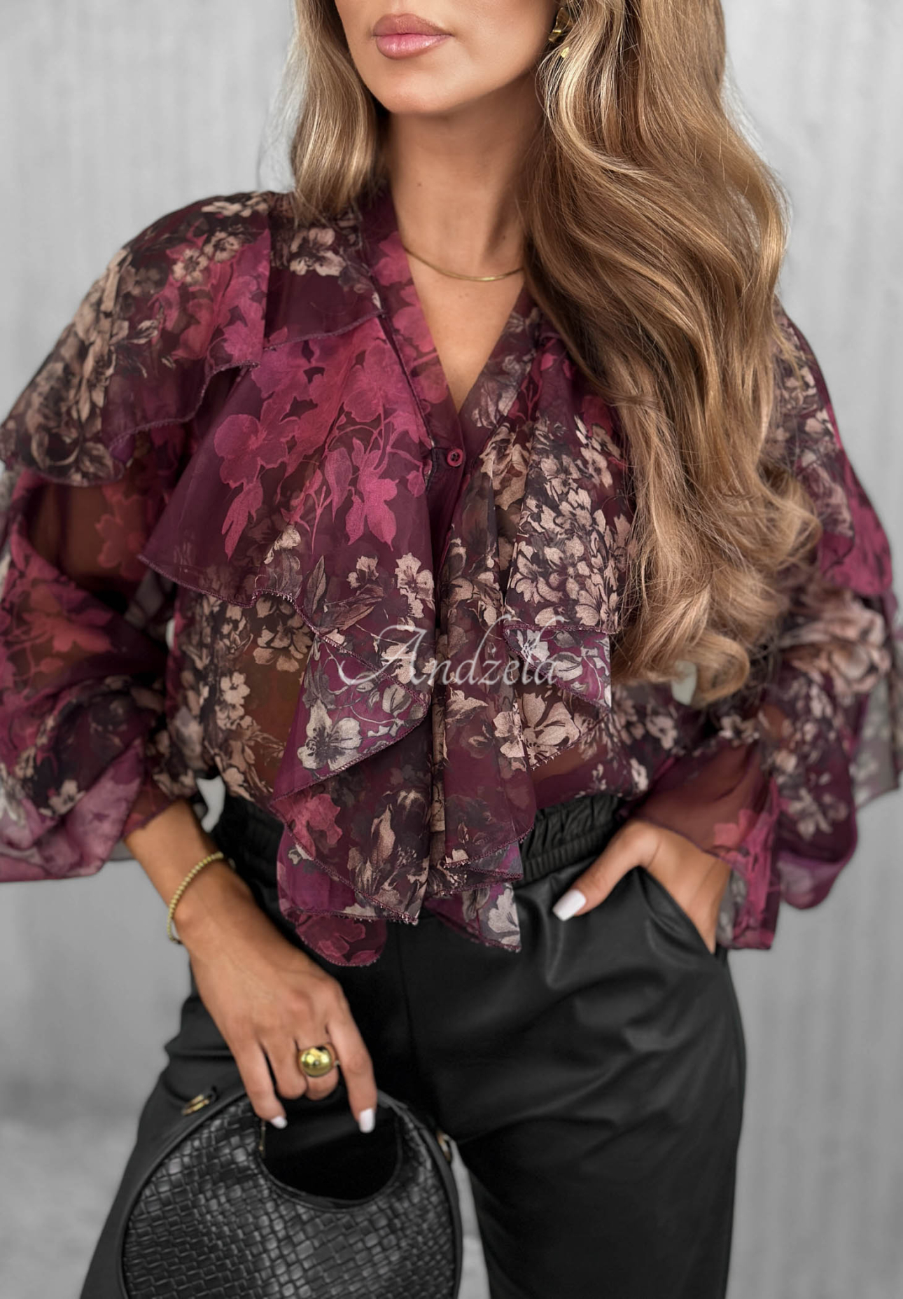 Květinová lehká košile s volánky Sweet Romance borůvková