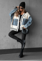 Ozdobnie pleciony Svetr kardigan z jeansowymi elementami Morning Streets ecru