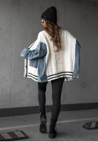 Ozdobnie pleciony Svetr kardigan z jeansowymi elementami Morning Streets ecru