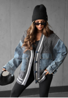 Ozdobnie pleciony Svetr kardigan z jeansowymi elementami Morning Streets ecru