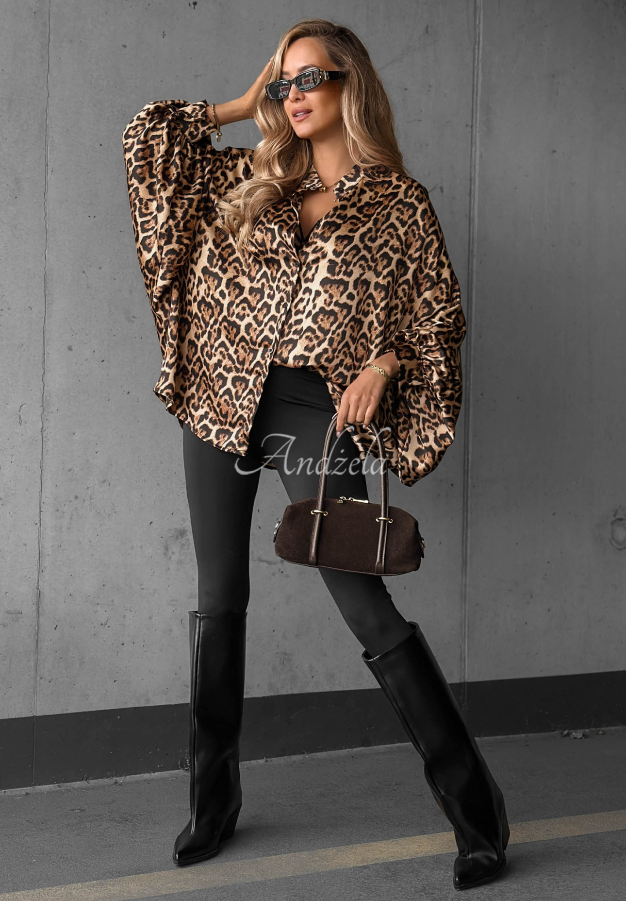 Saténová oversize košile s leopardím vzorem Wild Allure velbloudí