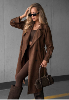 Dlouhý zamszowy Kabát trencz paskiem Autumn Honey velbloudí