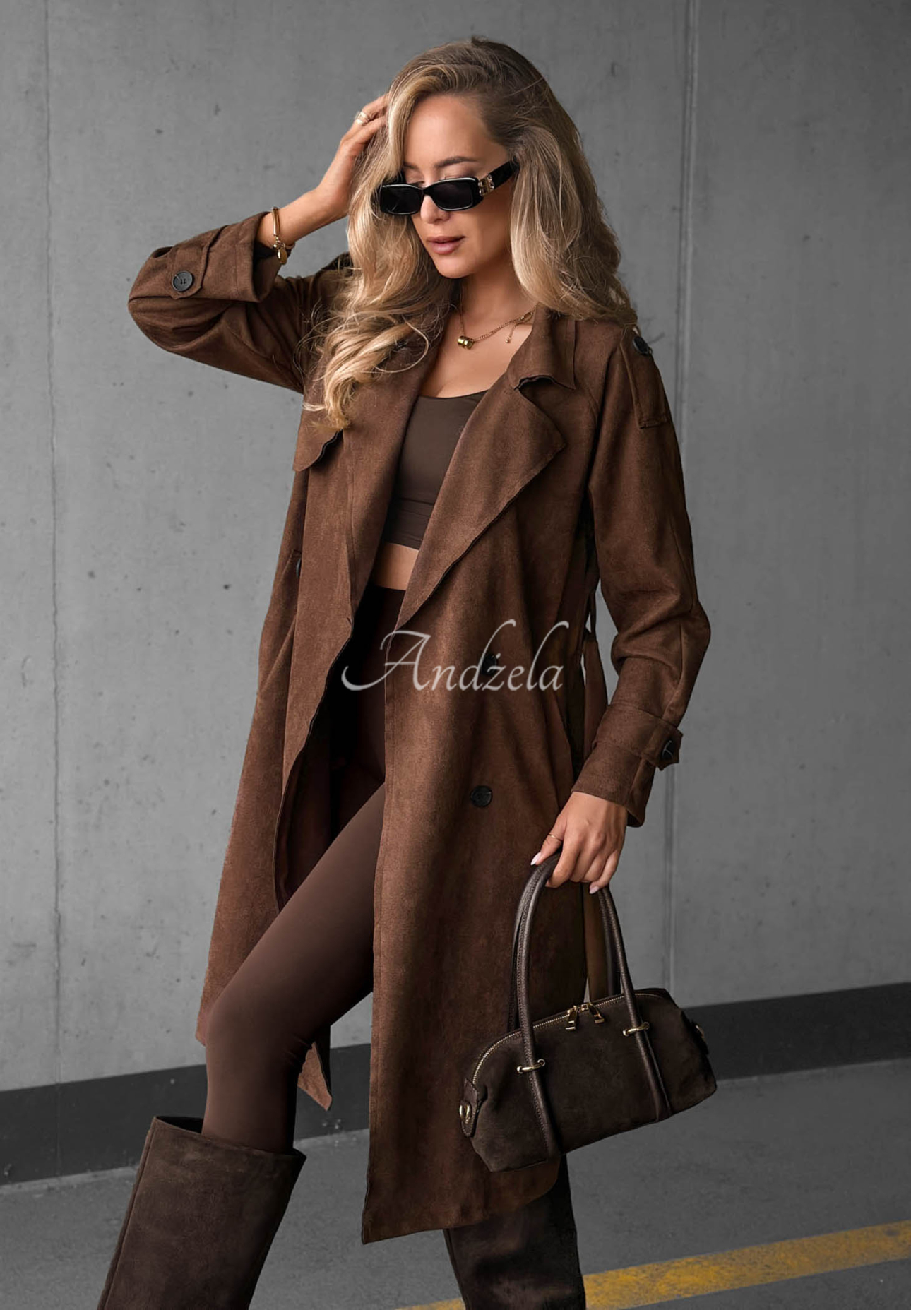 Semišový dvouřadý trenčkot s páskem Autumn Honey čokoládový