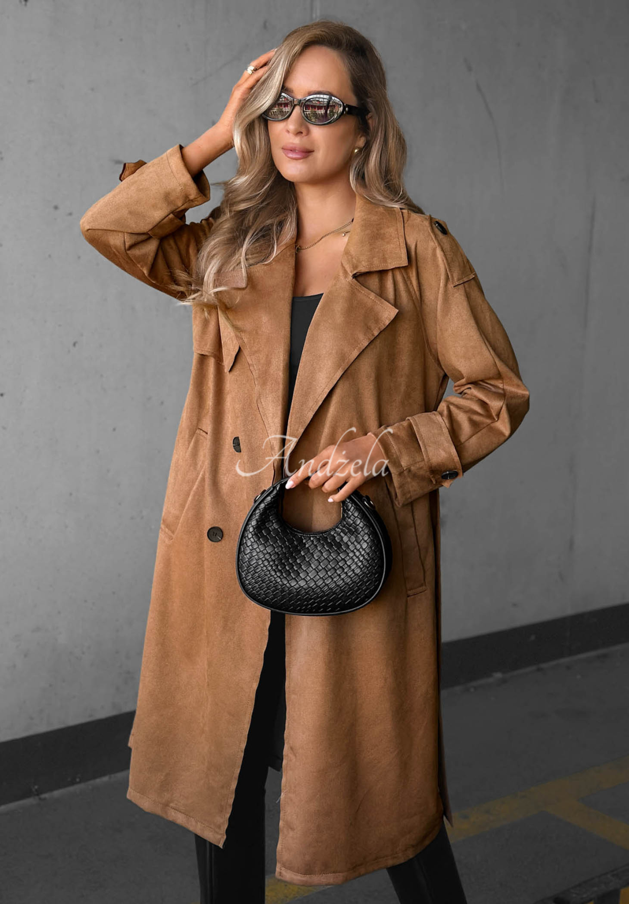 Semišový dvouřadý trenčkot s páskem Autumn Honey velbloudí