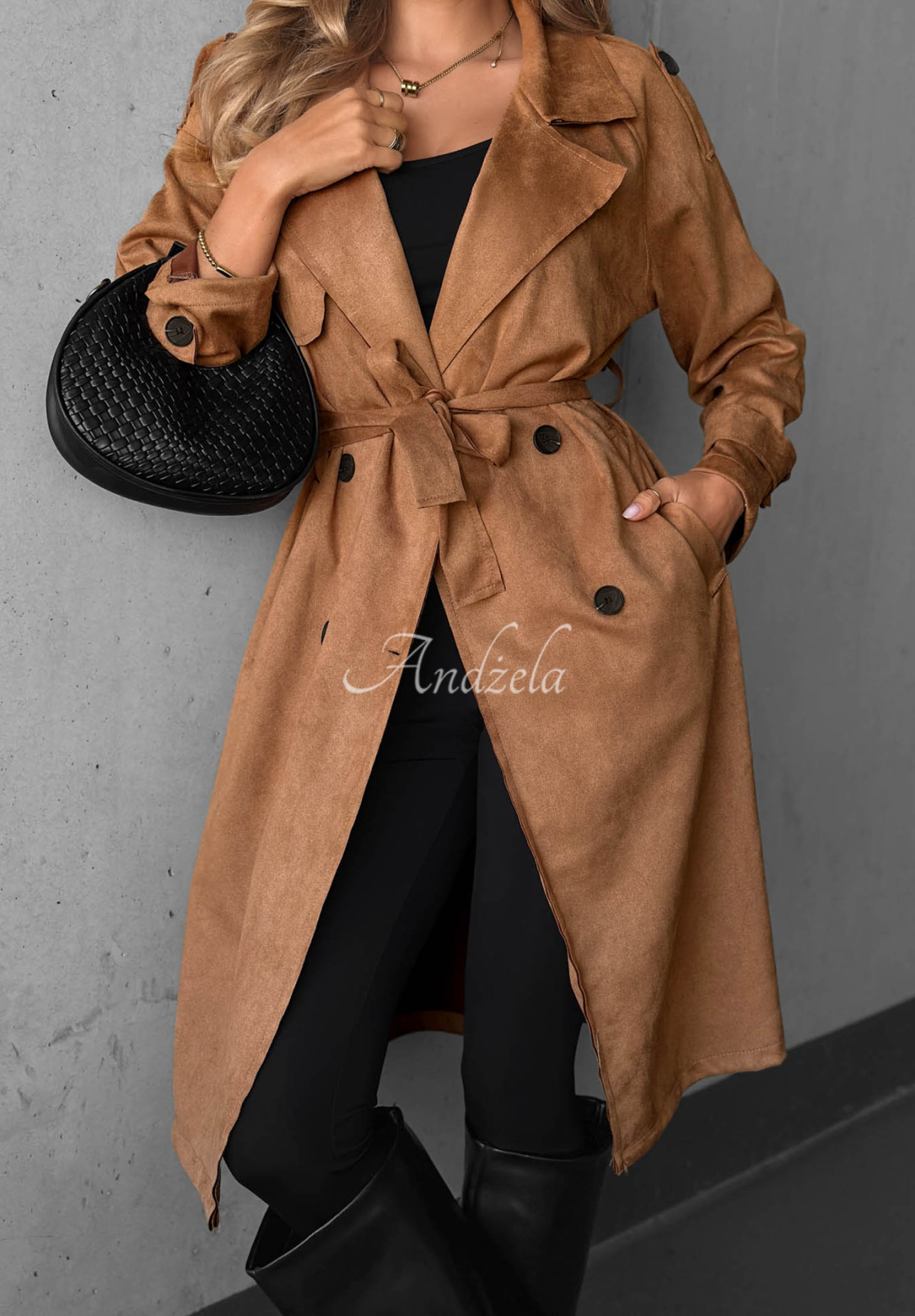 Semišový dvouřadý trenčkot s páskem Autumn Honey velbloudí